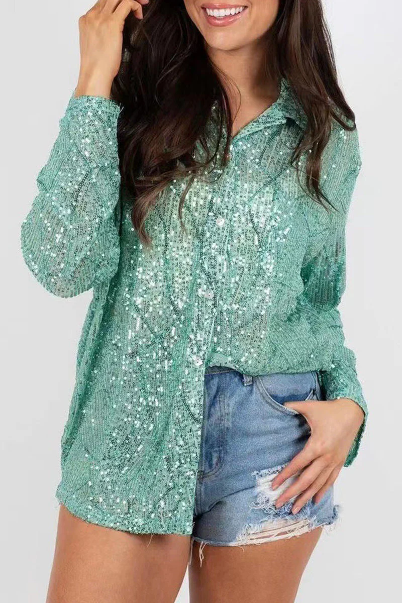 Luciana® | Elegant Long-Sleeved Polo Blouse With Buttons And Sequins - Image 3