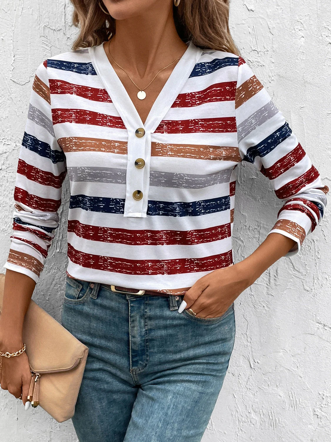 Luna | Contrast striped long sleeve t-shirt with V-neck