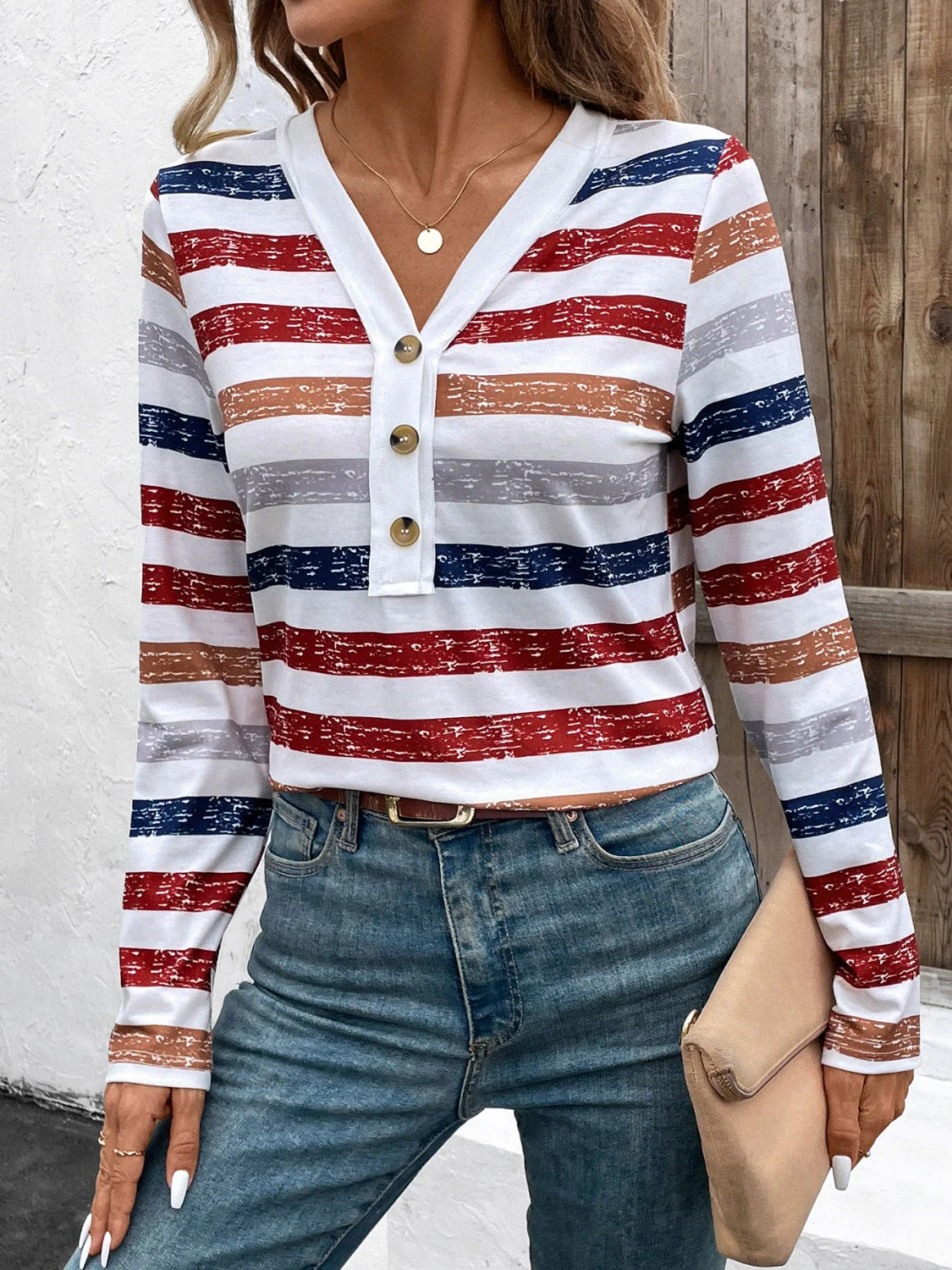 Luna | Contrast striped long sleeve t-shirt with V-neck - Image 4