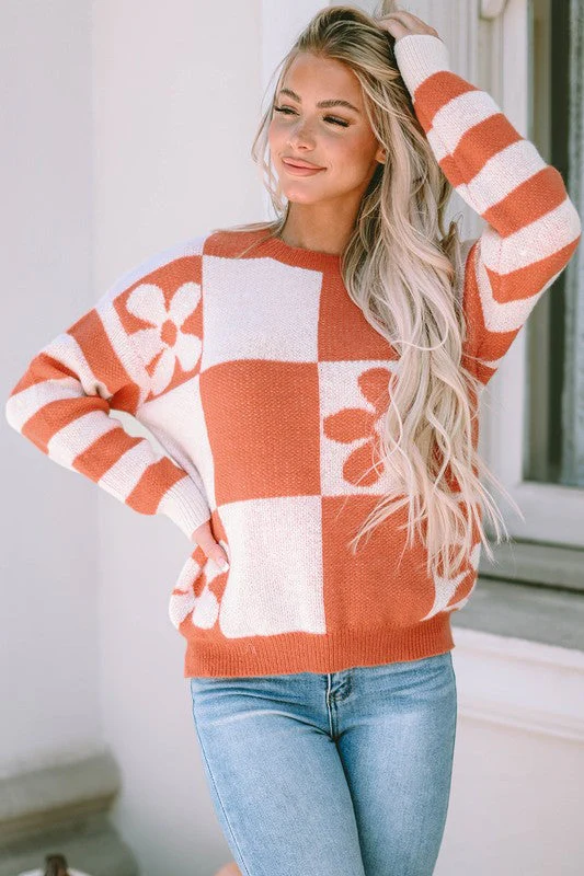 Luna | Floral checked sweater with striped sleeves - Image 9