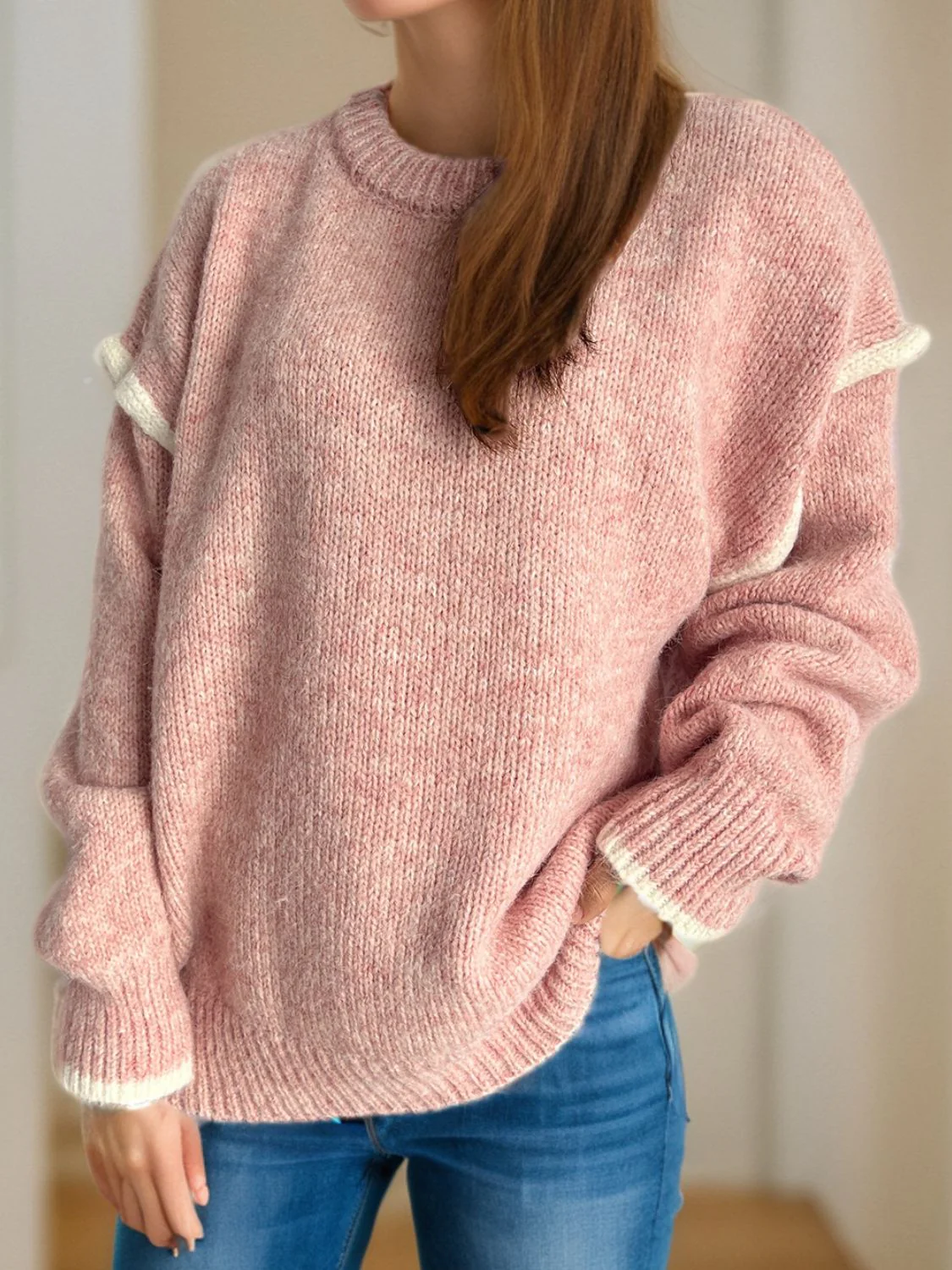Luz | Round neck sweater with sloping shoulders and contrasting trim - Image 2