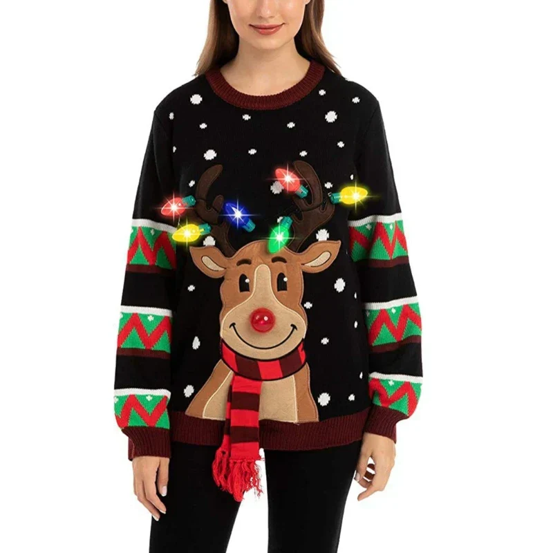 Lya® | Knitted sweater with cartoon Christmas reindeer and LED lights for women - Image 2
