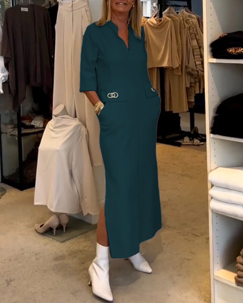 Magaly® | Solid Color Slit Dress With 3/4 Sleeves - Image 6