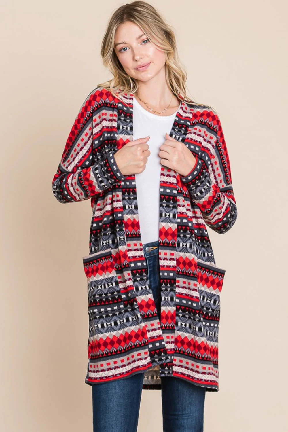 Magda | Geometric open front long sleeve cardigan with pockets - Image 4