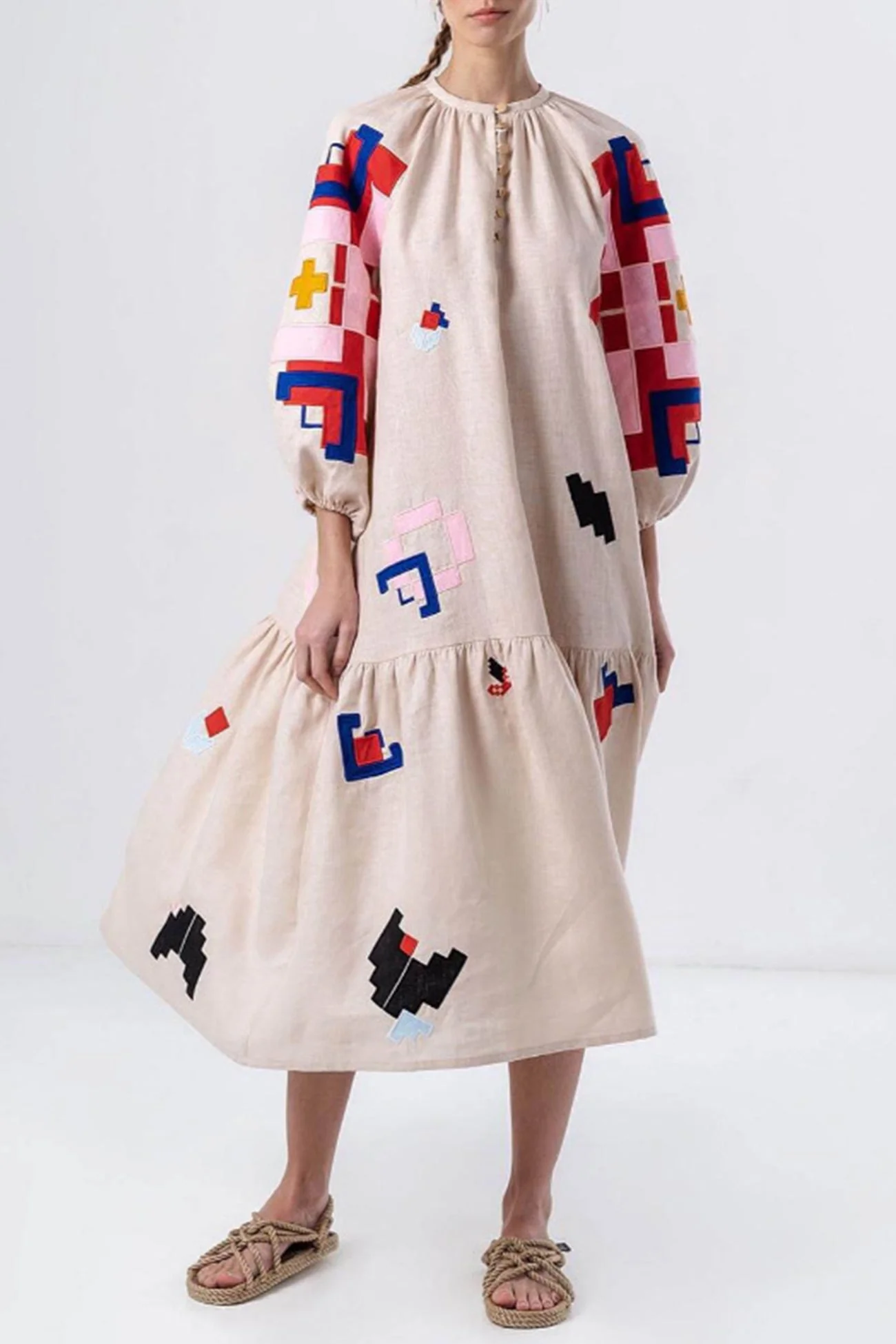 Magda | Printed linen dress with lantern sleeves - Image 2