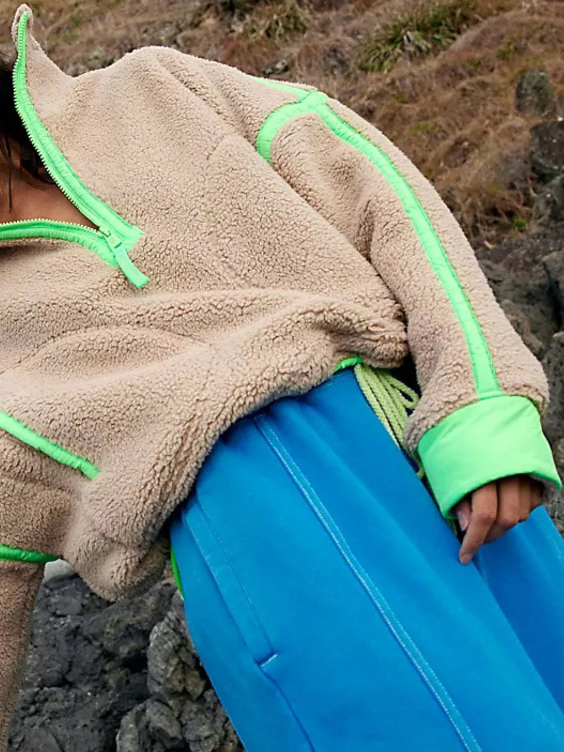 Malena | Long sleeve plush drawstring sweatshirt with contrast half zip - Image 3