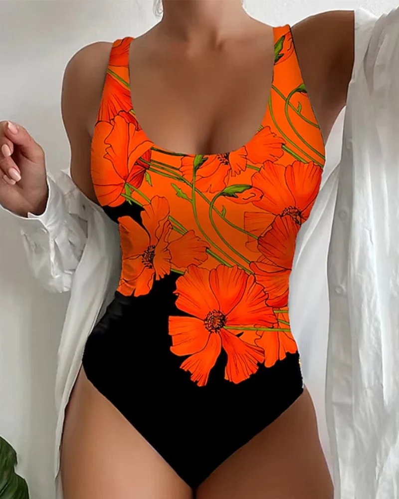 Malena® | Swimsuit With Orange Floral Pattern - Image 2