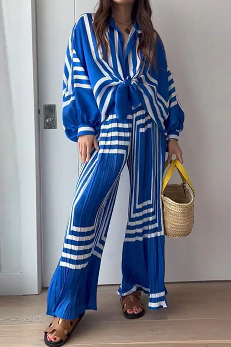 Manuela | Casual striped patchwork two-piece suit with V-neck and long sleeves
