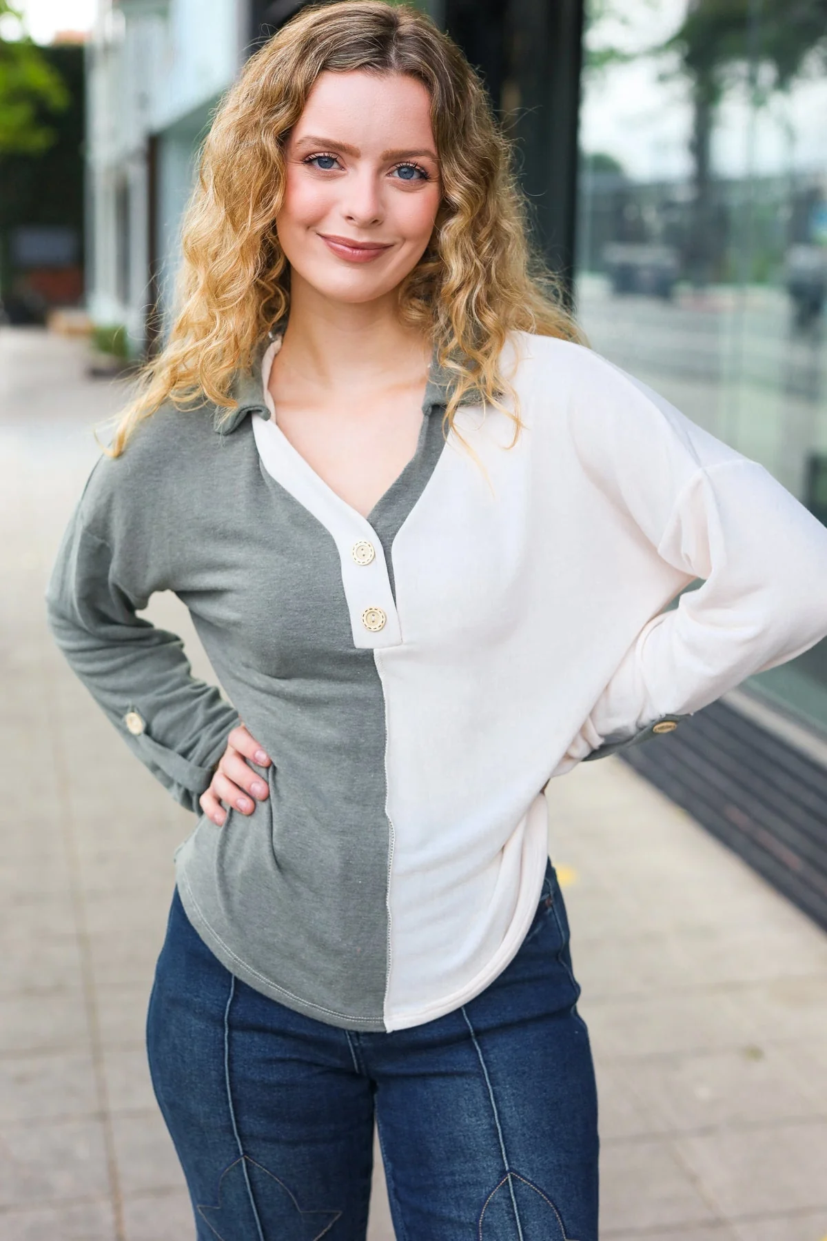 Manuela | Start your day. Olive green half and half collar top with notched neckline - Image 5