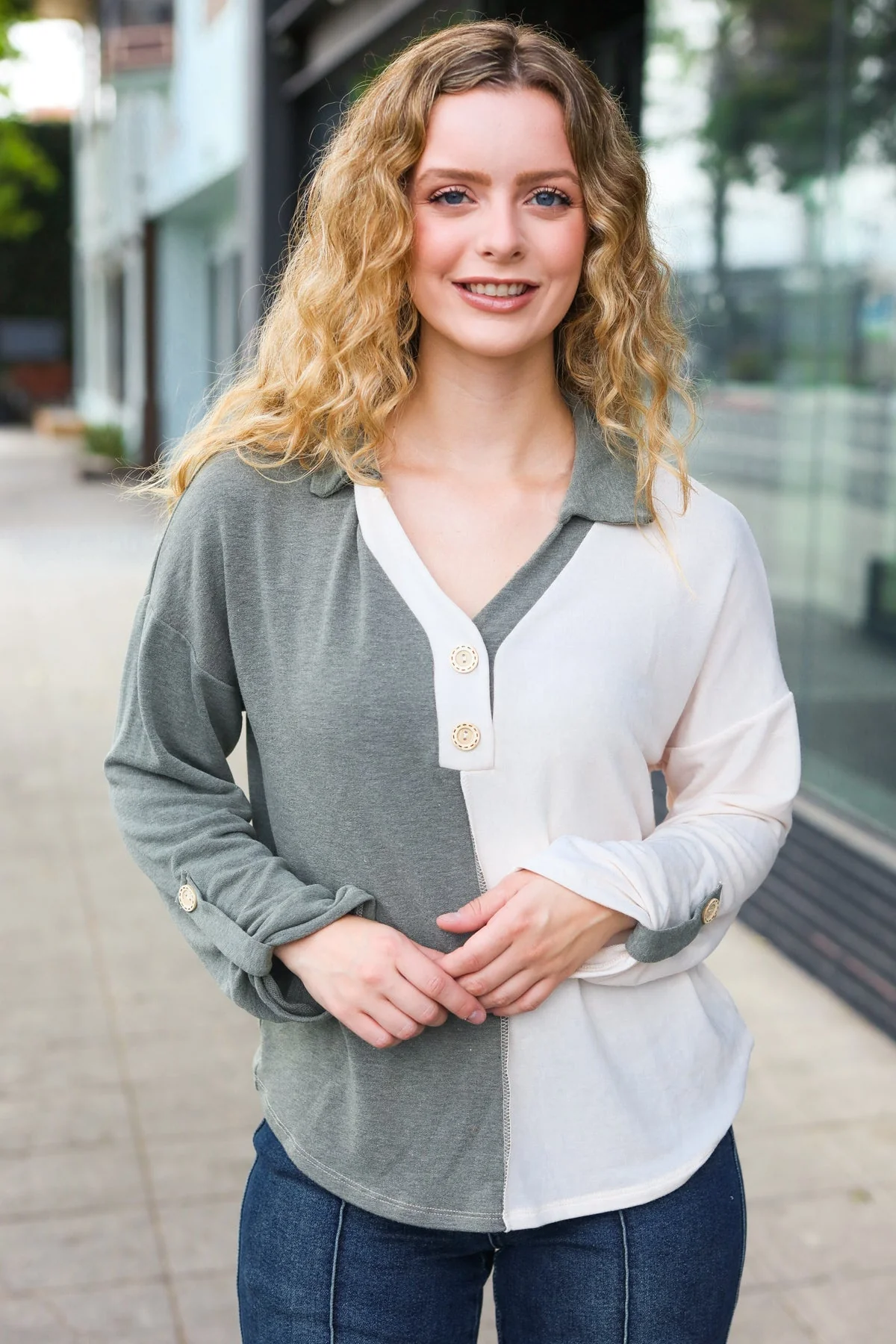 Manuela | Start your day. Olive green half and half collar top with notched neckline - Image 9