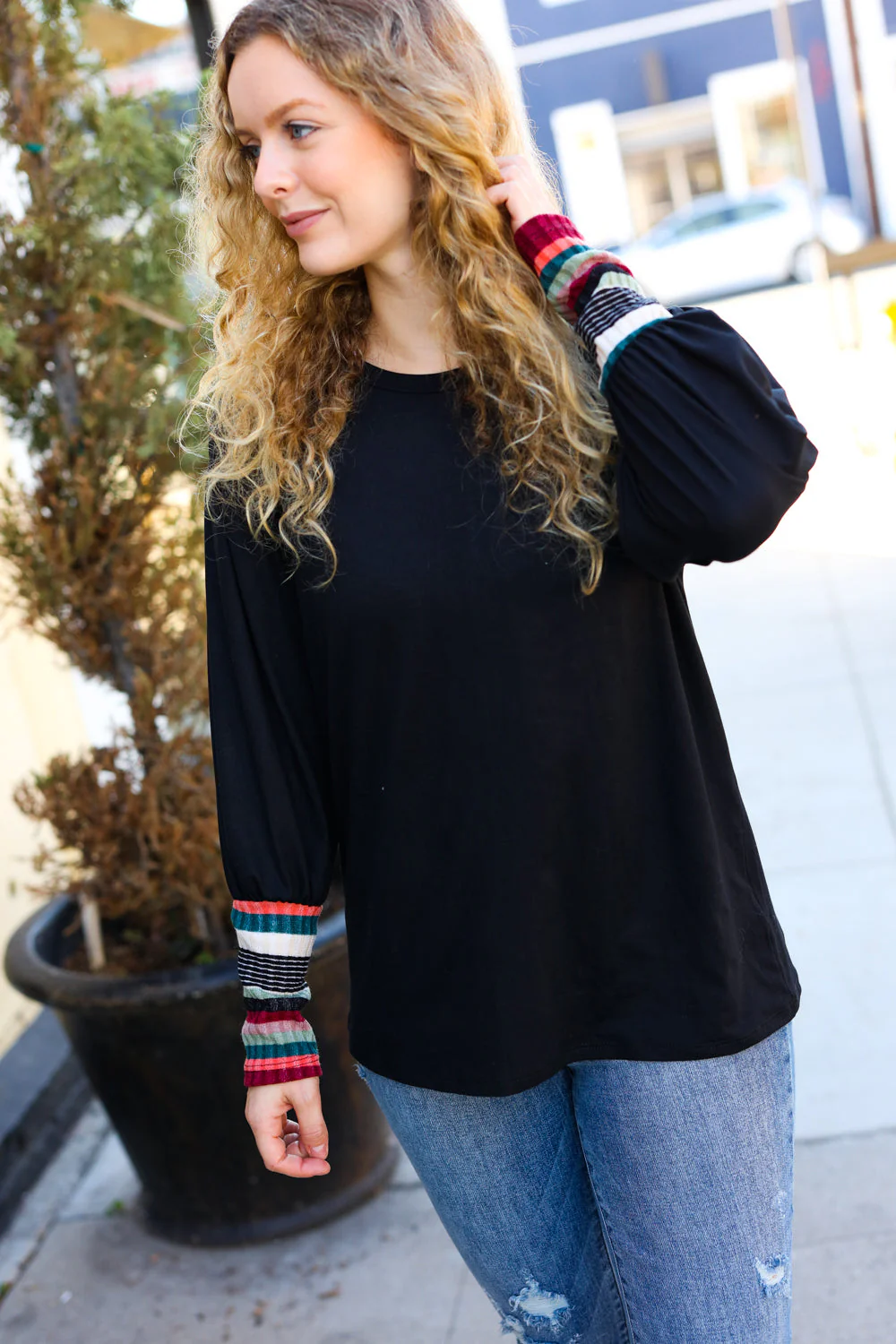 Margherita | Black multicolor striped top with puff sleeves - Image 12