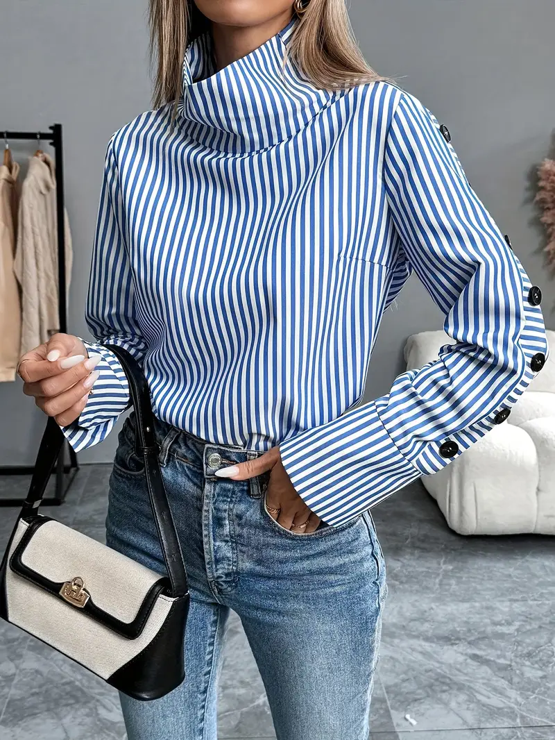 Margherita® | Striped Cotton Blouse With High Neck - Image 3