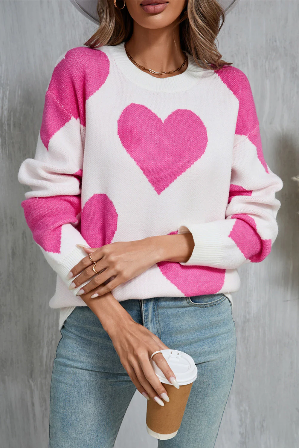 Margot | Contrast heart sweater with dropped shoulders and long sleeves - Image 3