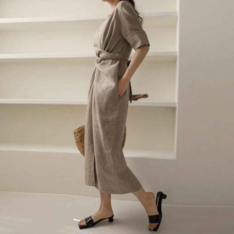 María José® | Fashionable Linen Dress In Khaki - Image 2