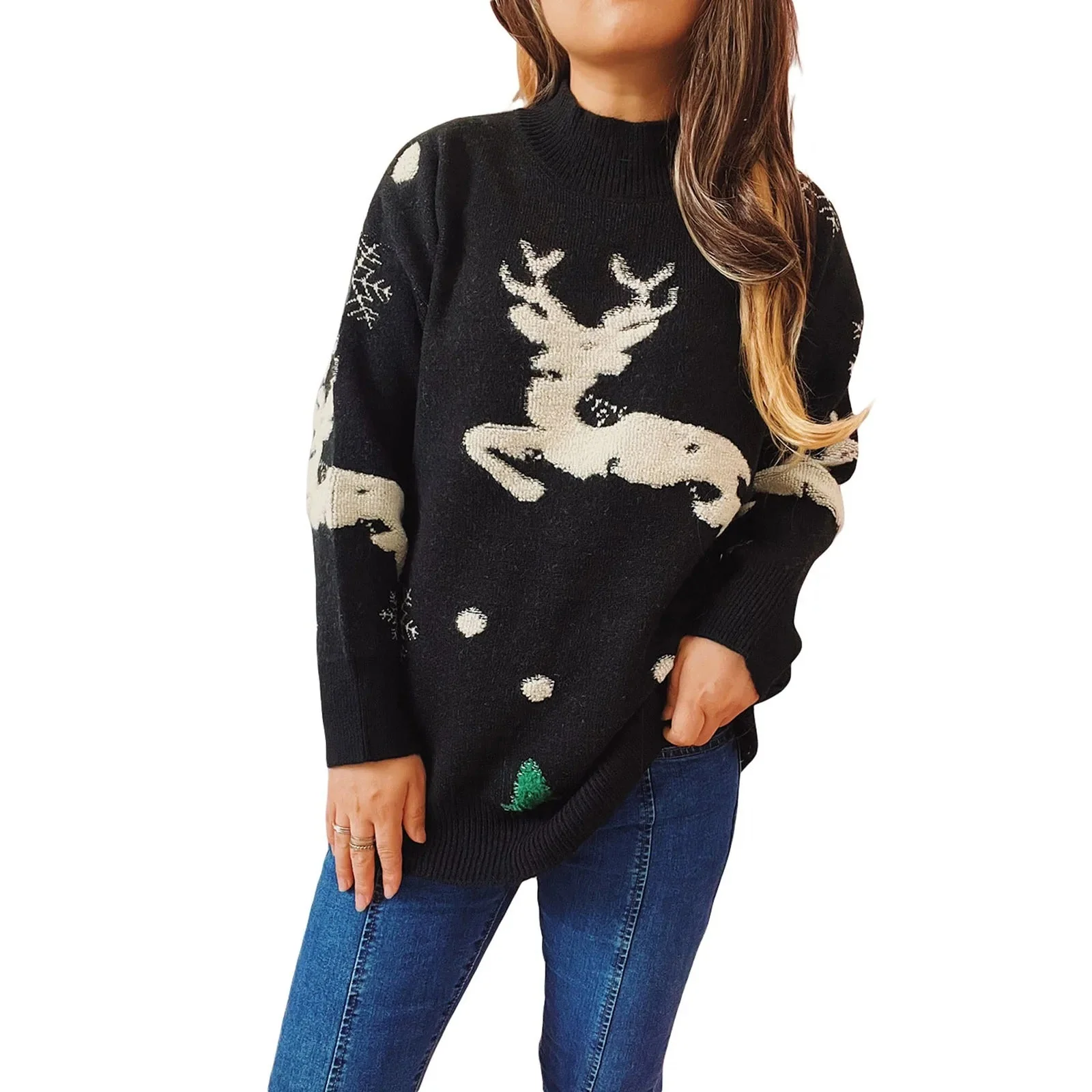 Maria | Women's Christmas jumper with a jumping reindeer motif - Image 2