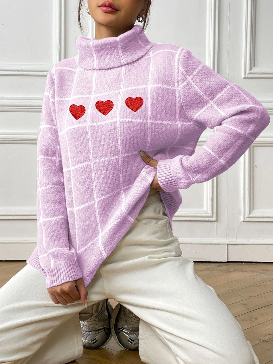 Marianna | Long-sleeved turtleneck sweater with a heart-shaped check pattern - Image 12