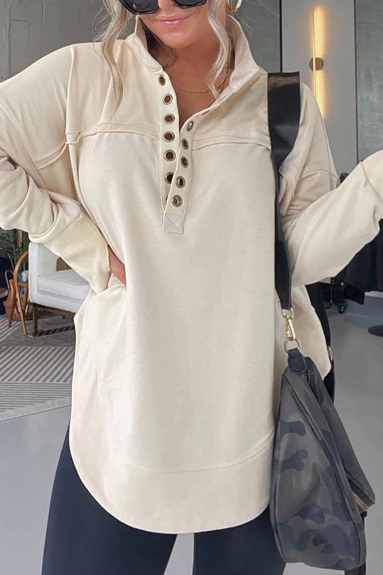 Marianna | Solid long sleeve sweatshirt with buttons - Image 3