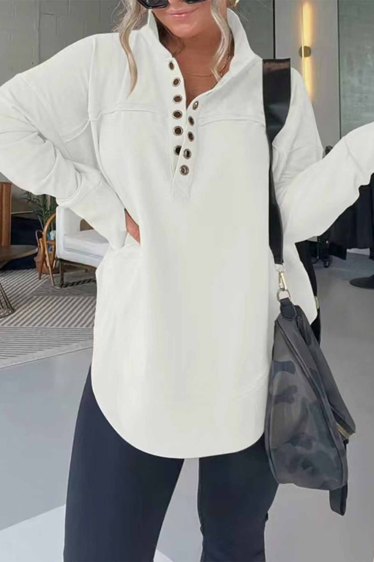 Marianna | Solid long sleeve sweatshirt with buttons - Image 7