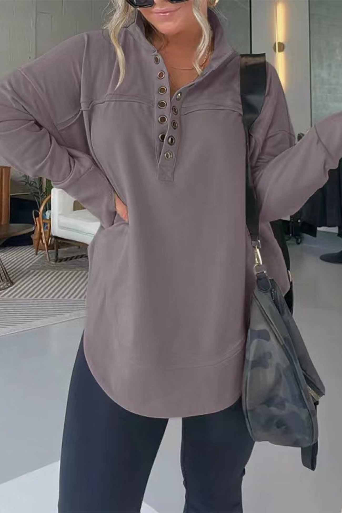 Marianna | Solid long sleeve sweatshirt with buttons - Image 8