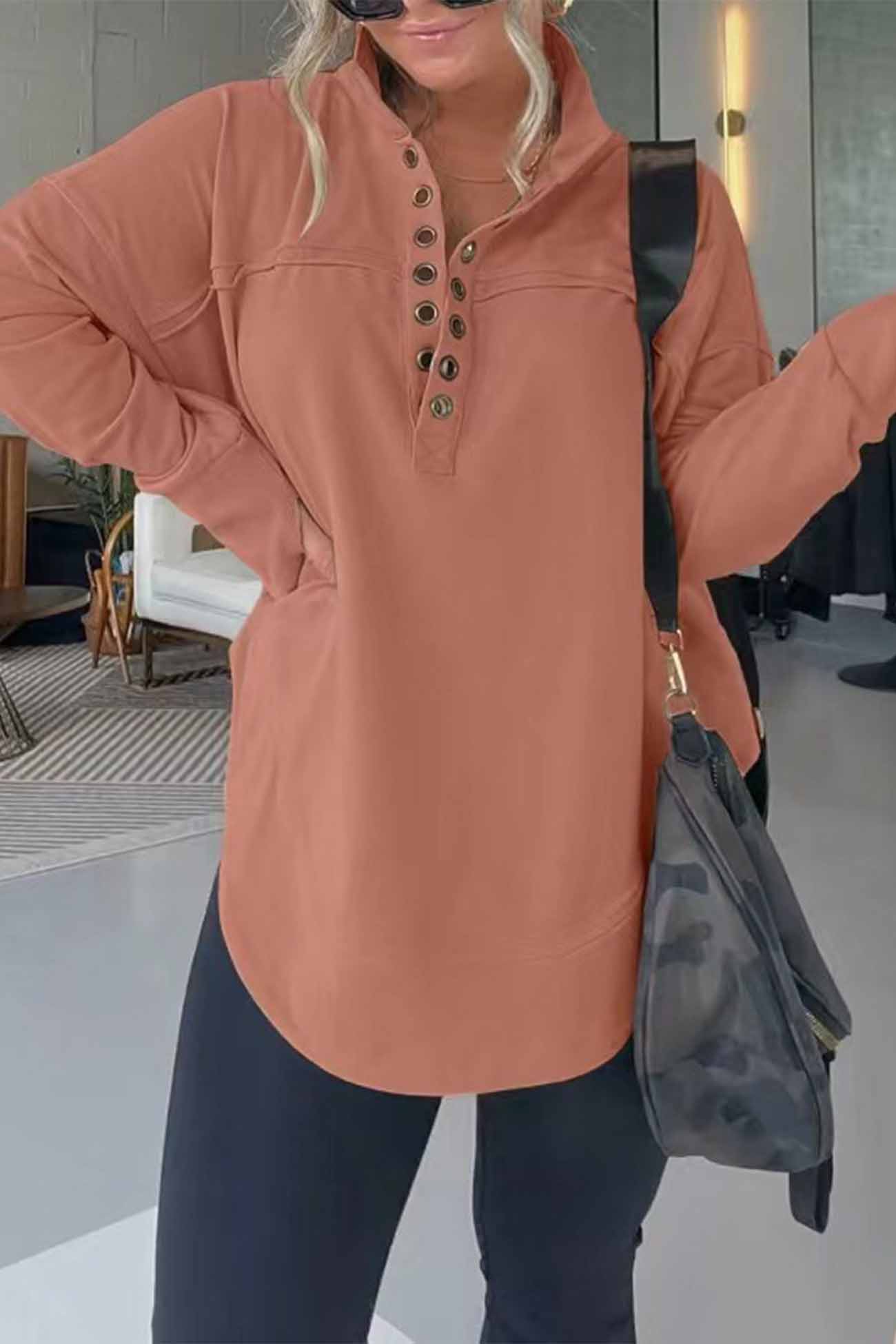 Marianna | Solid long sleeve sweatshirt with buttons - Image 9