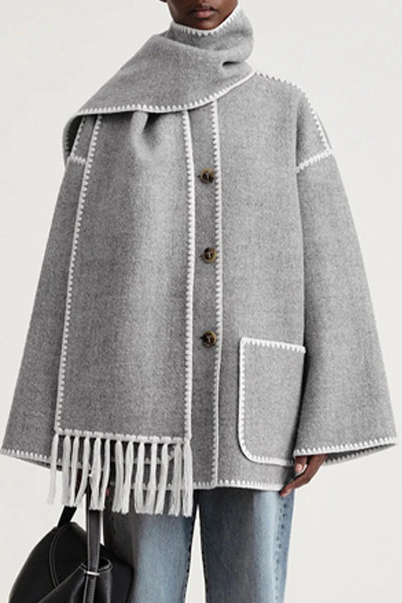 Maricarmen | Casual British style outerwear with solid color tassels and contrast shawl collar - Image 11