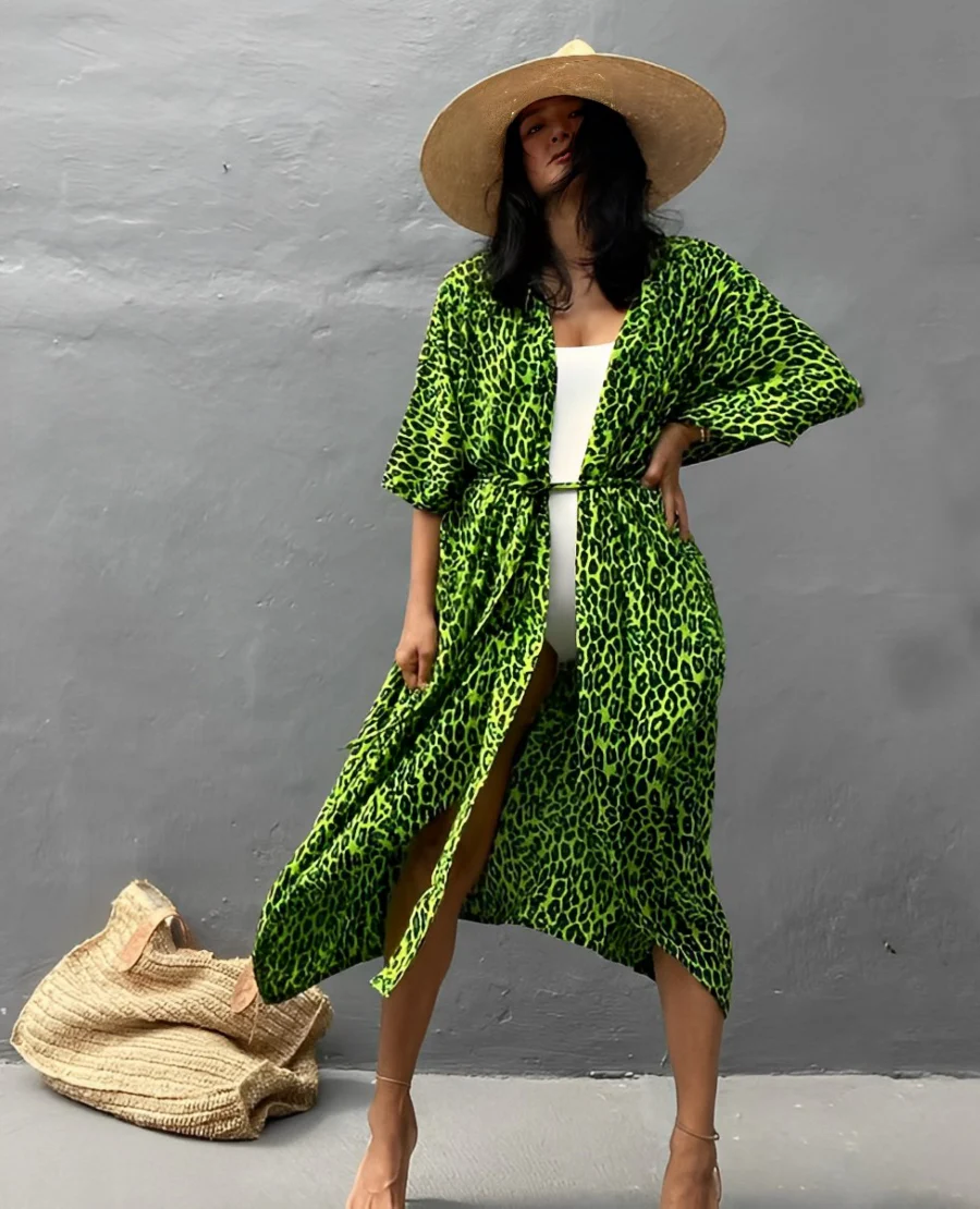 Marina® | Retro Kimono Long Patterned Beach Kimono With Belt For Women - Image 10