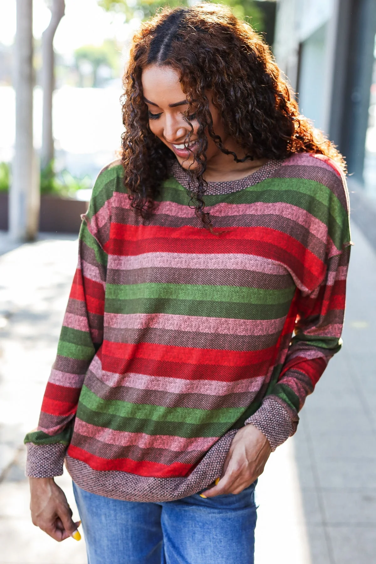 Marita | Perfectly You Olive and mauve striped two-tone tie-neck sweater top - Image 11