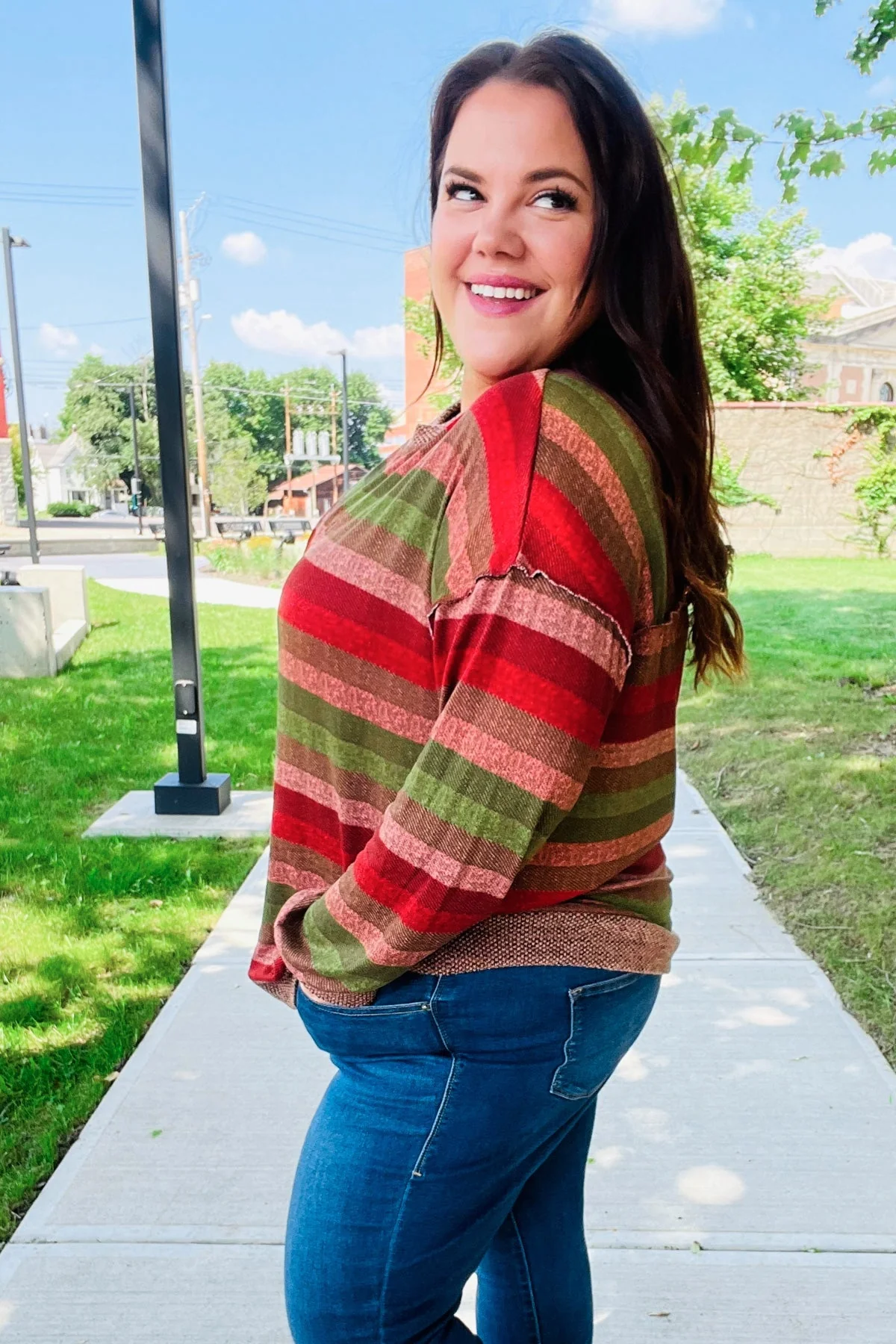 Marita | Perfectly You Olive and mauve striped two-tone tie-neck sweater top - Image 12