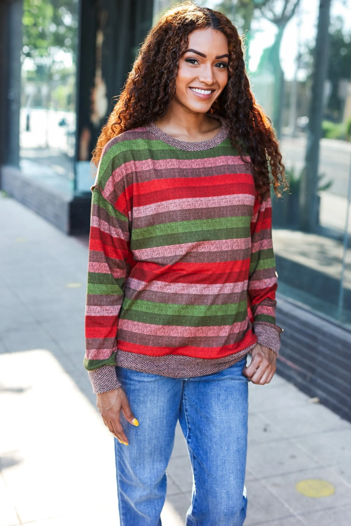 Marita | Perfectly You Olive and mauve striped two-tone tie-neck sweater top - Image 13