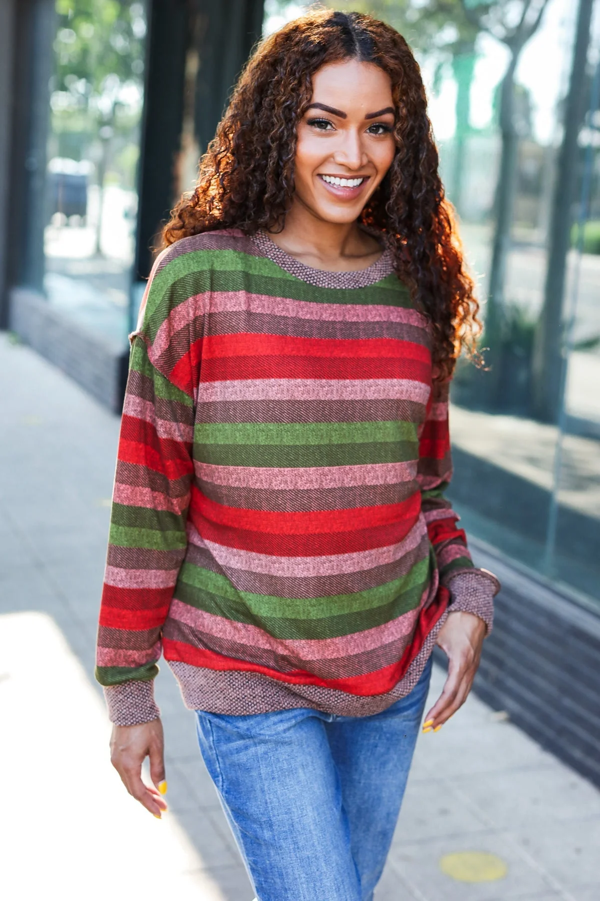 Marita | Perfectly You Olive and mauve striped two-tone tie-neck sweater top - Image 16