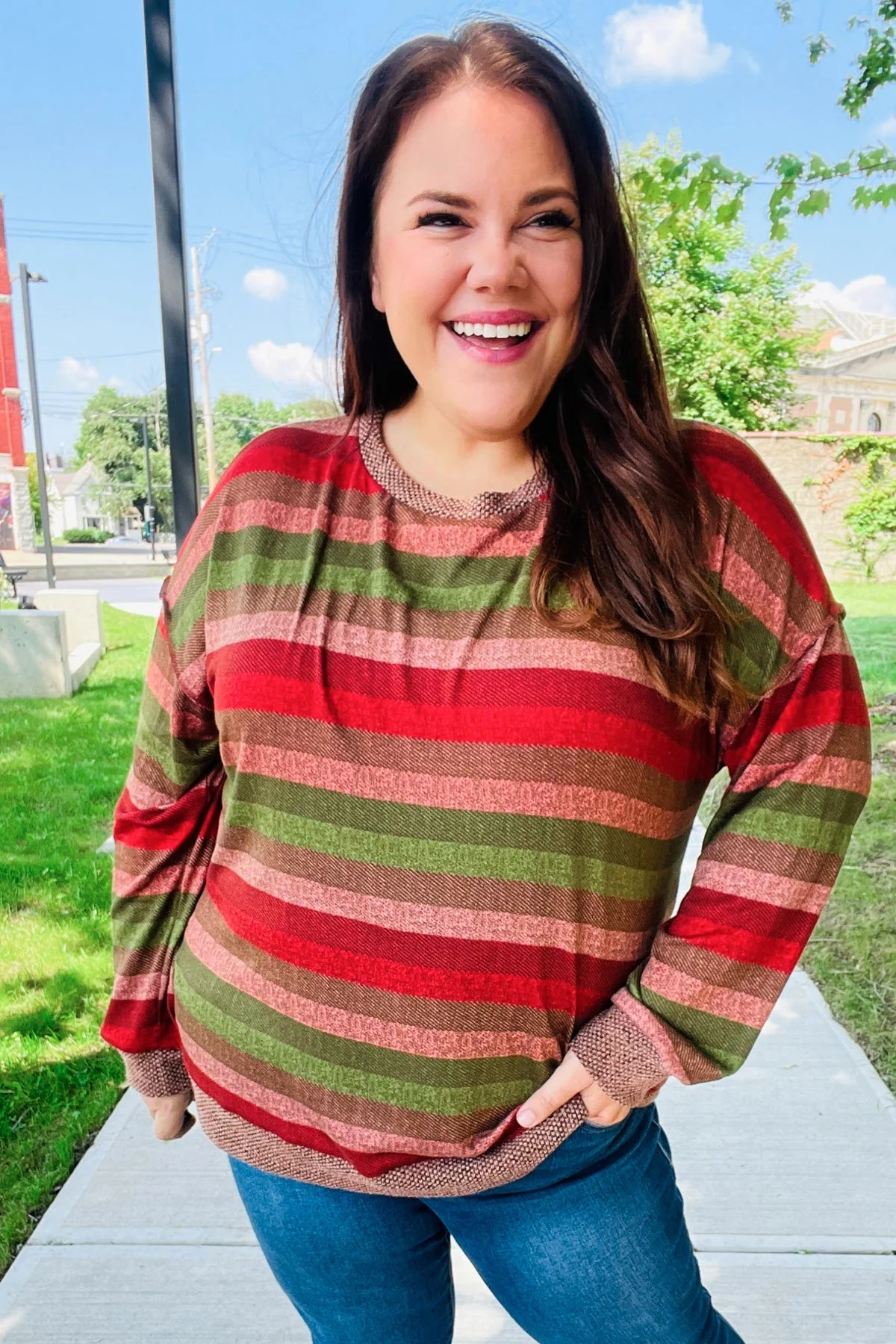 Marita | Perfectly You Olive and mauve striped two-tone tie-neck sweater top - Image 5