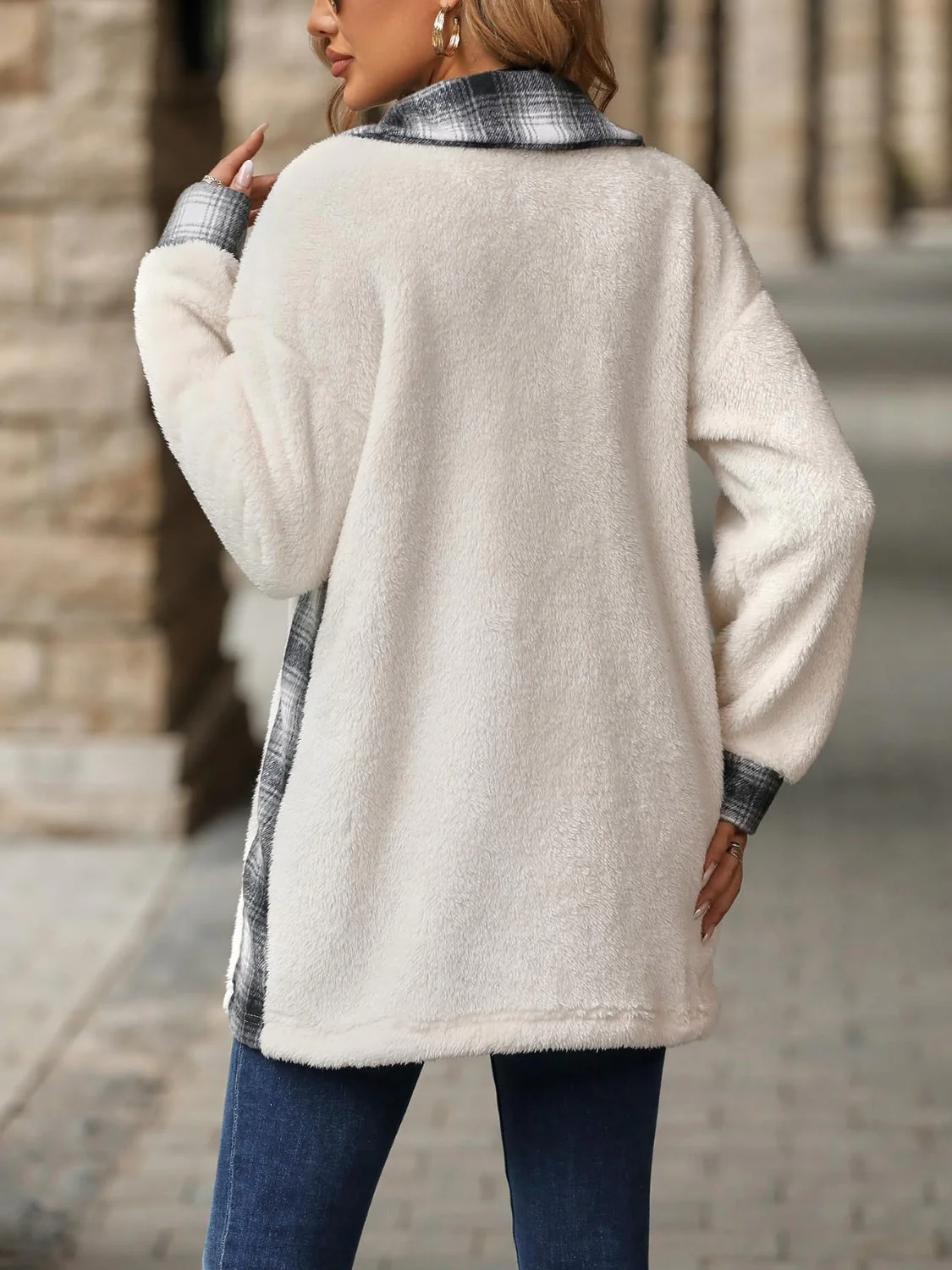 Marta | Checked buttoned fluffy outerwear with long sleeves - Image 10
