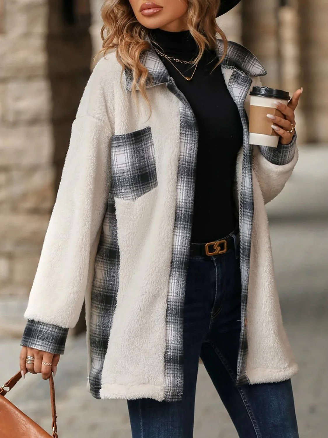 Marta | Checked buttoned fluffy outerwear with long sleeves - Image 11