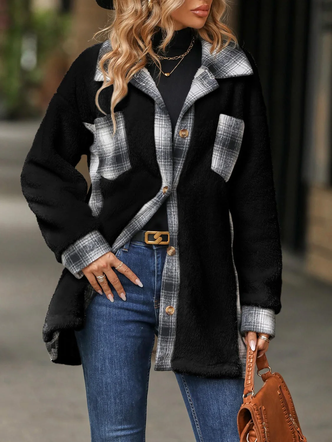Marta | Checked buttoned fluffy outerwear with long sleeves - Image 12