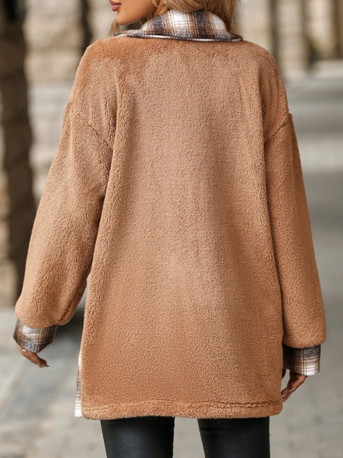 Marta | Checked buttoned fluffy outerwear with long sleeves - Image 5