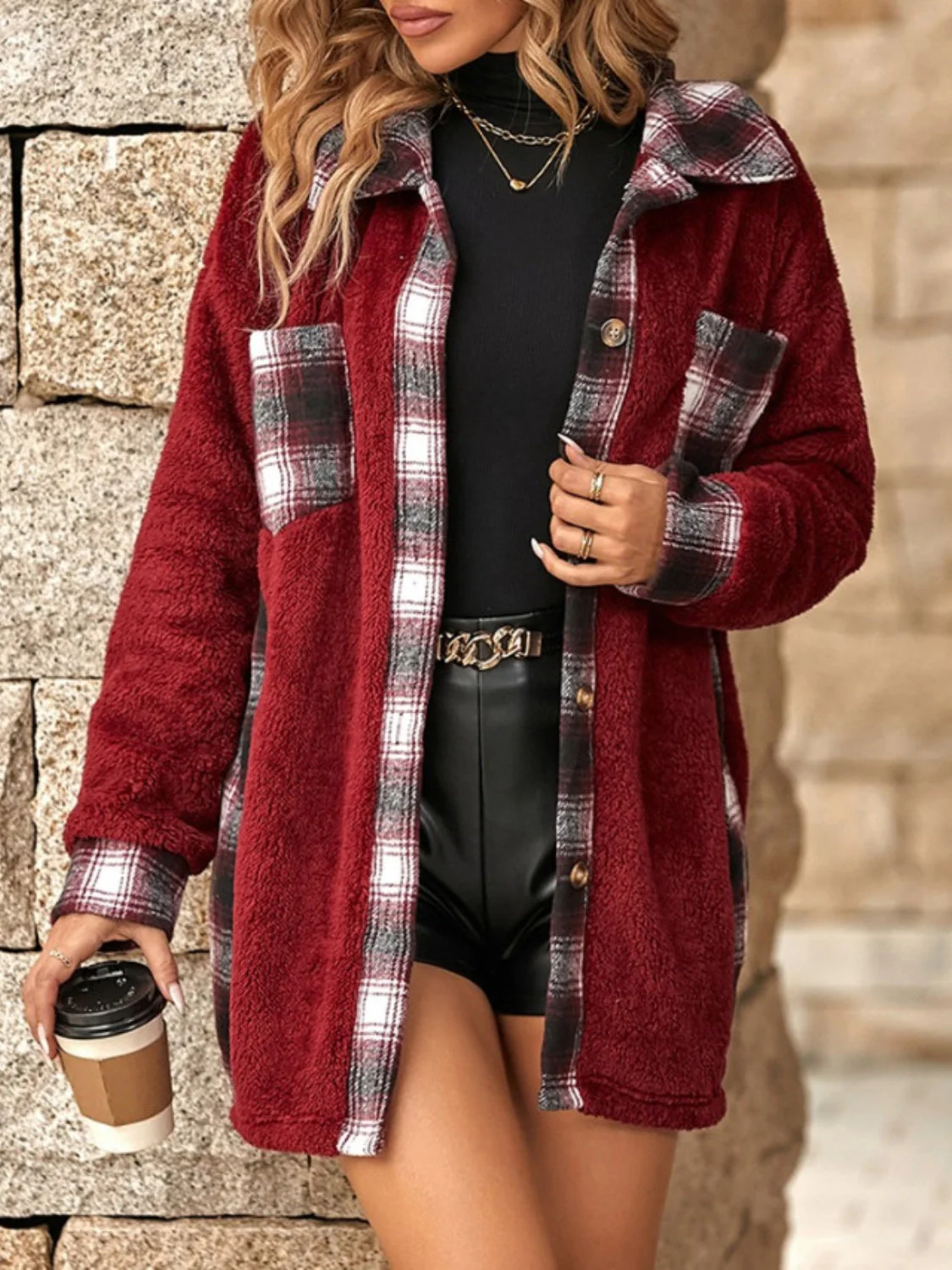 Marta | Checked buttoned fluffy outerwear with long sleeves - Image 6
