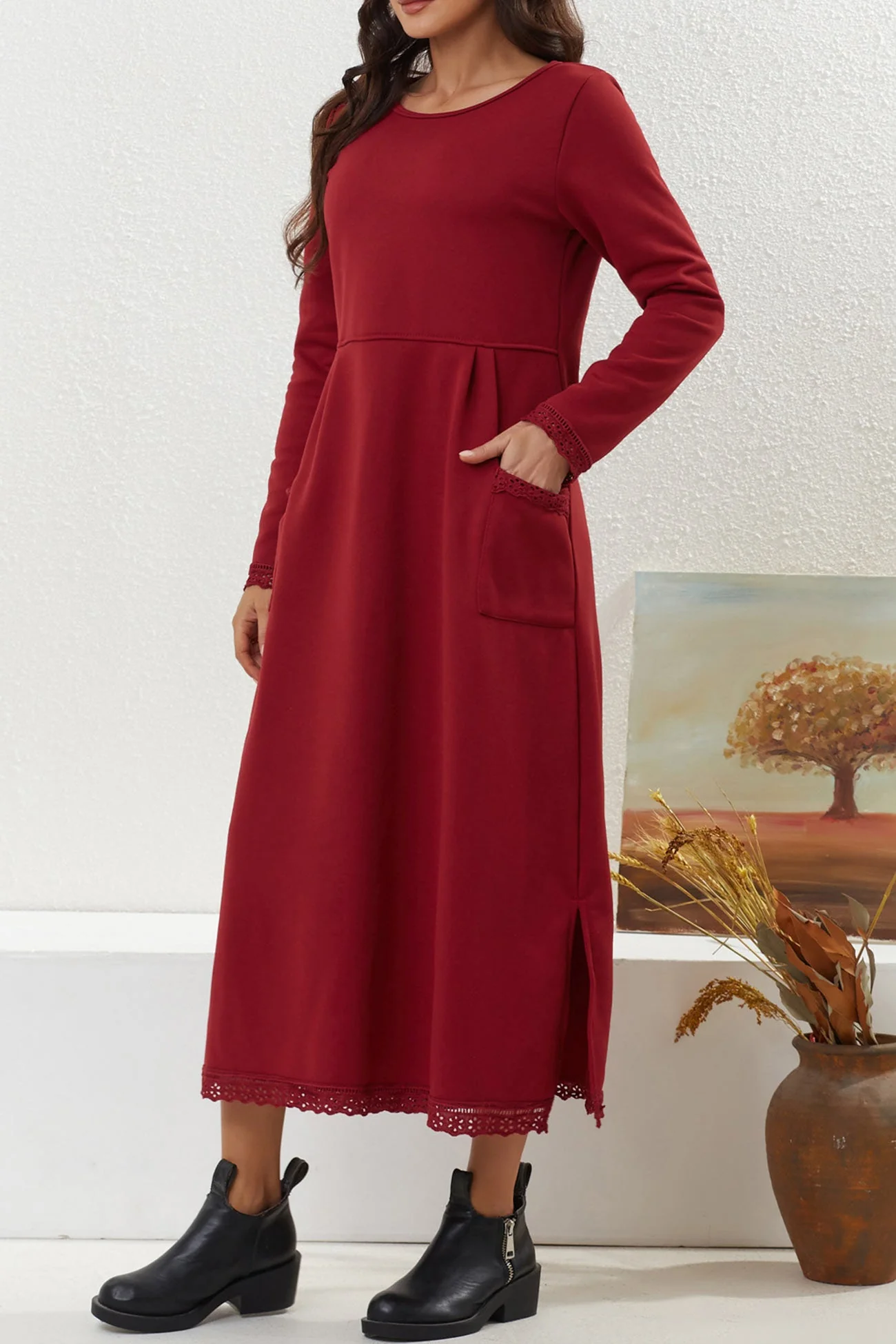 Marta | Solid dress with lace hem and pockets - Image 11