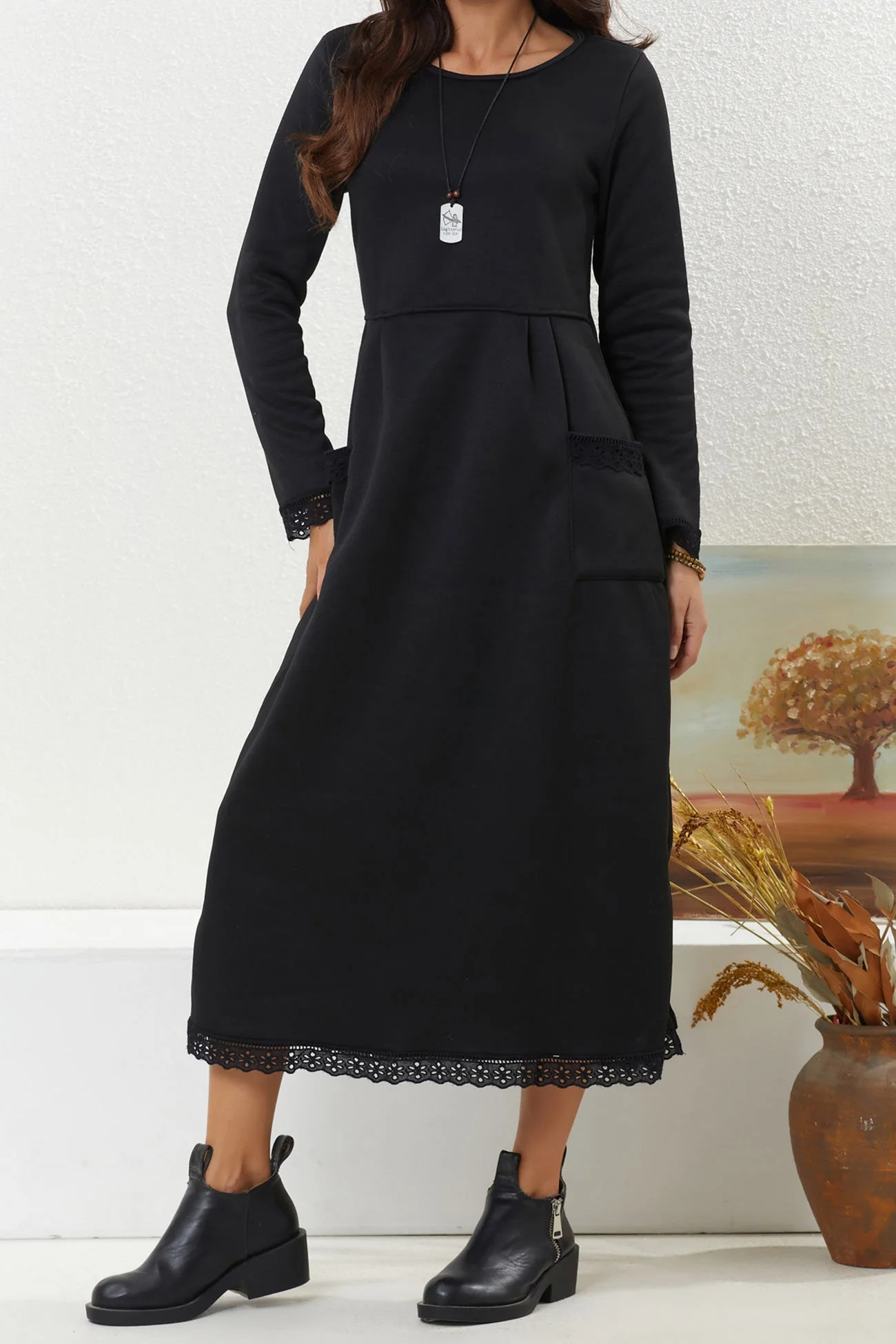 Marta | Solid dress with lace hem and pockets - Image 17