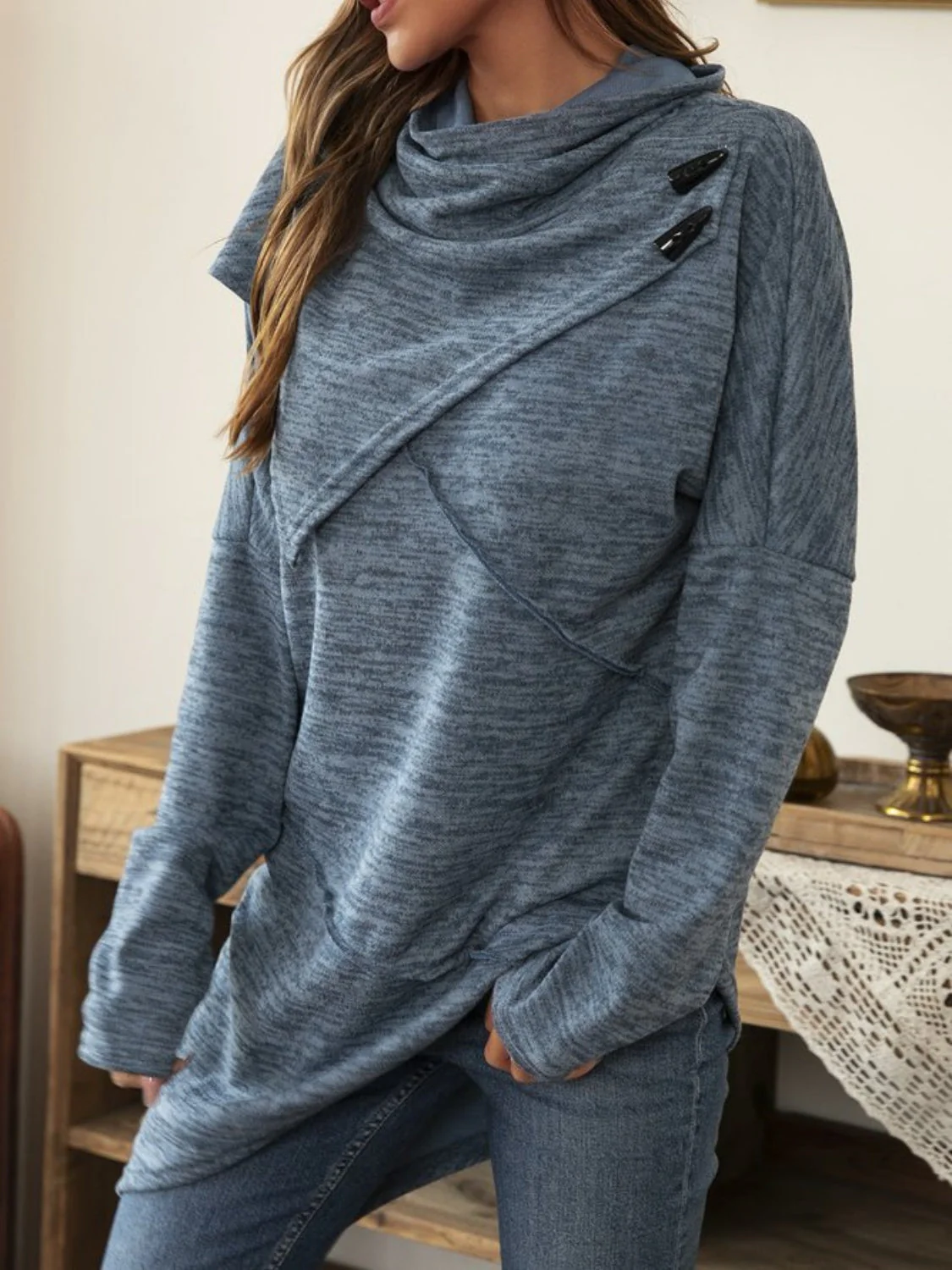 Matilde | Long sleeve t-shirt with asymmetric hem and cowl neckline - Image 3