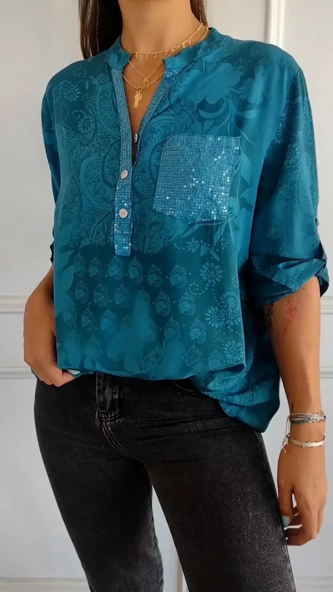 Maureen® | Printed V-Neck Top With Half Buttons - Image 5