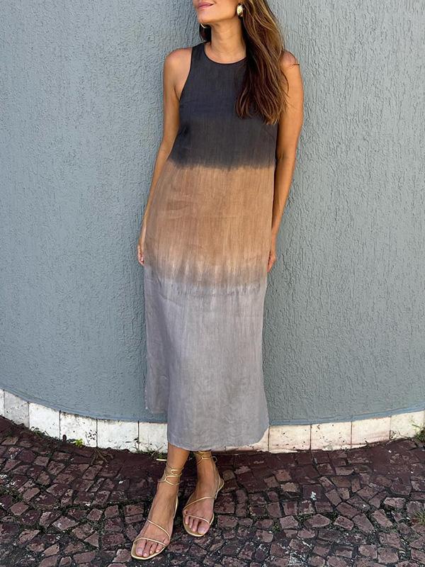 Melanie® | Sleeveless Cotton And Linen Long Dress With Slit And Gradient Tie-Dye - Image 4