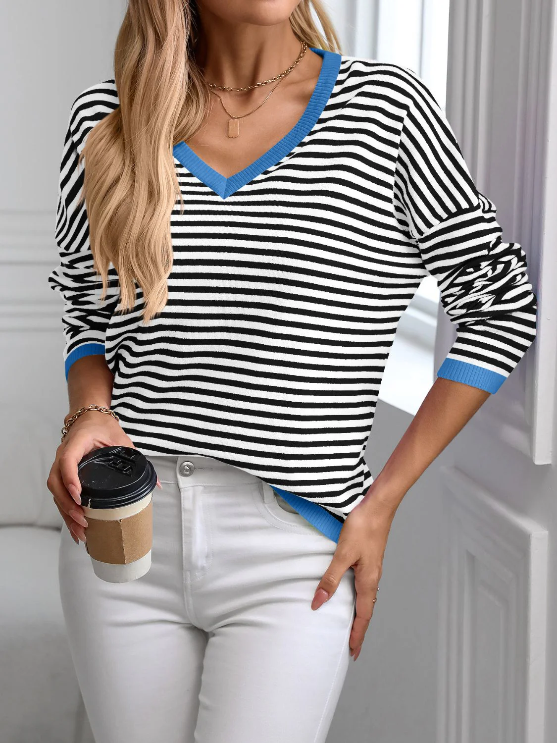 Melina | Striped long-sleeved knit top with V-neck and contrast trim - Image 10