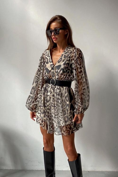 Melisa® | Printed Chiffon V-Neck Mini Dress With Belt - Image 3