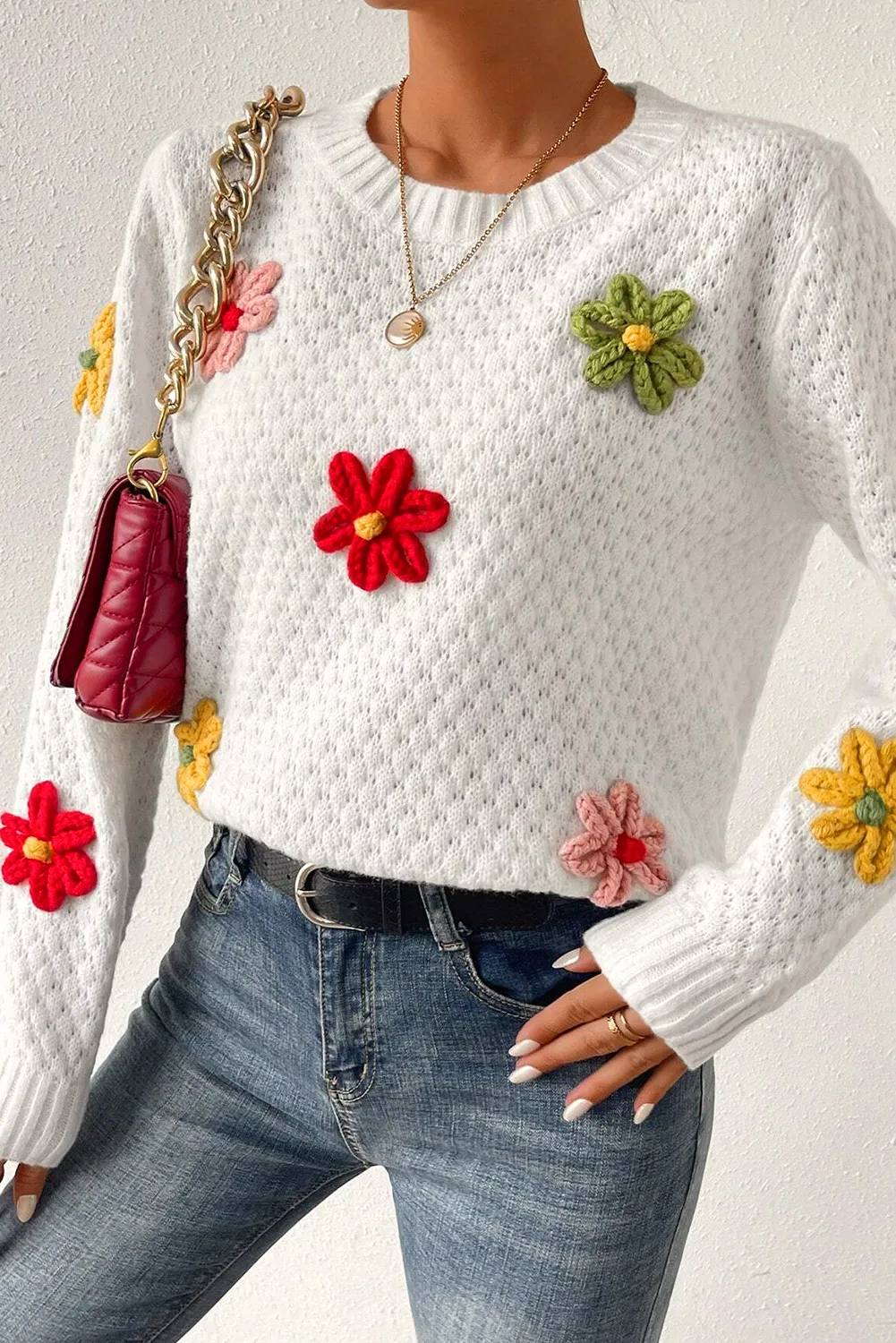 Mia | Sweater with crocheted floral crew neck - Image 2