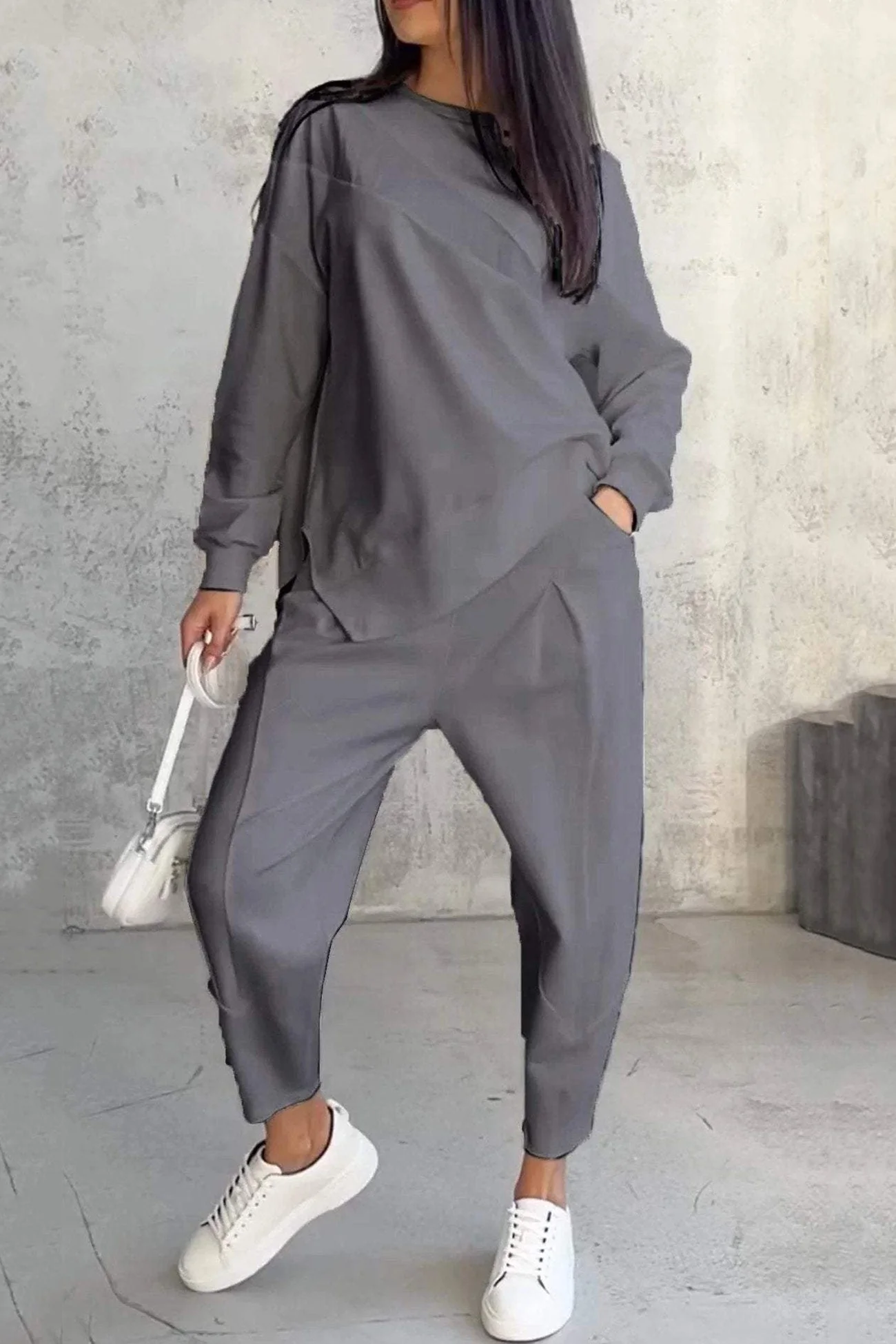 Miriam | Crew neck sweatshirt suits with irregular hem - Image 5