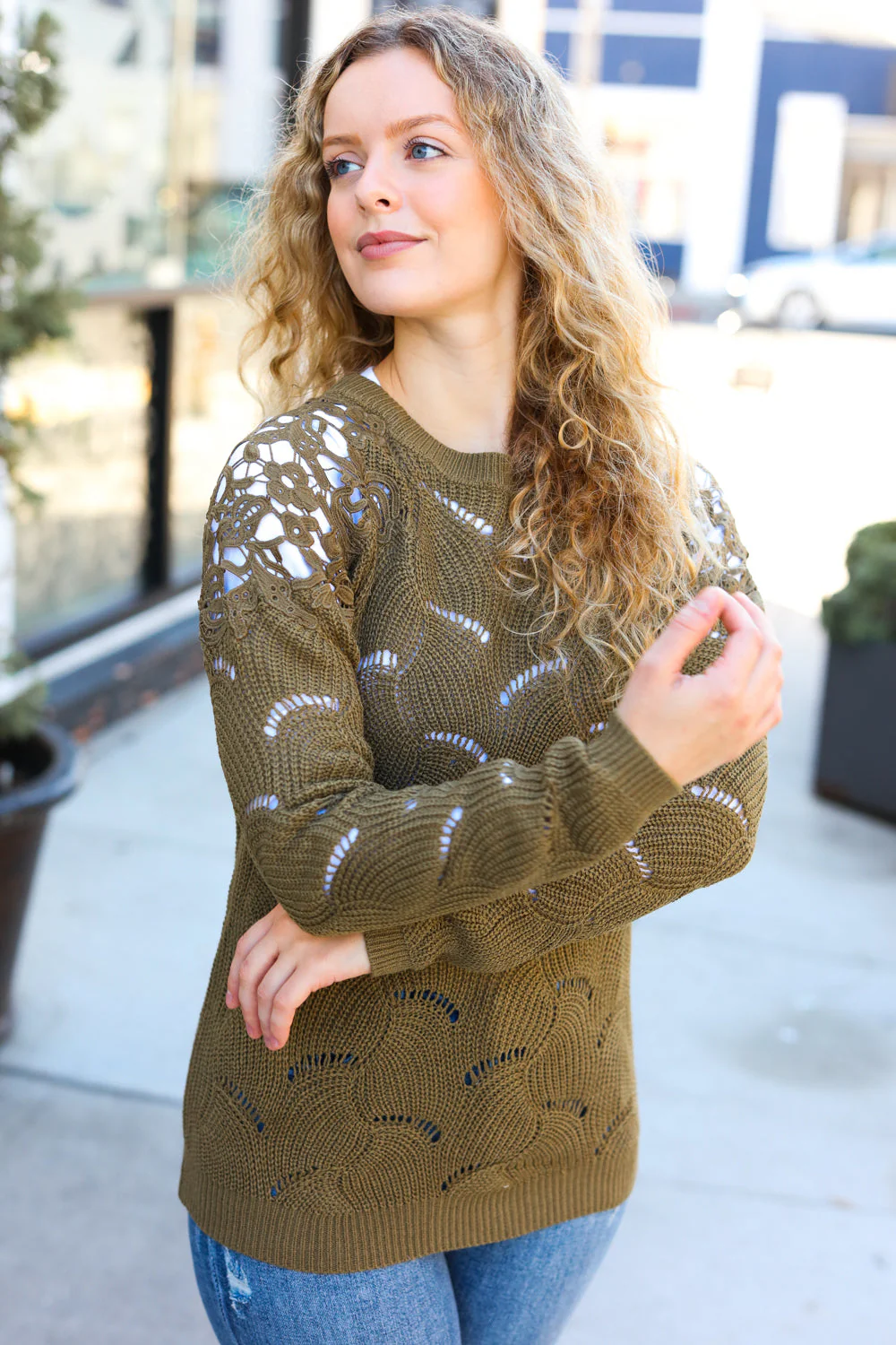 Monica | Casual, chic olive green knitted sweater with pointelle lace and shoulder neckline - Image 10