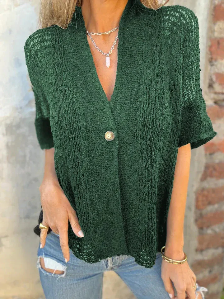 Monica® | Casual Short Sleeve One Button Hollow Out Neckline Top - Image 4