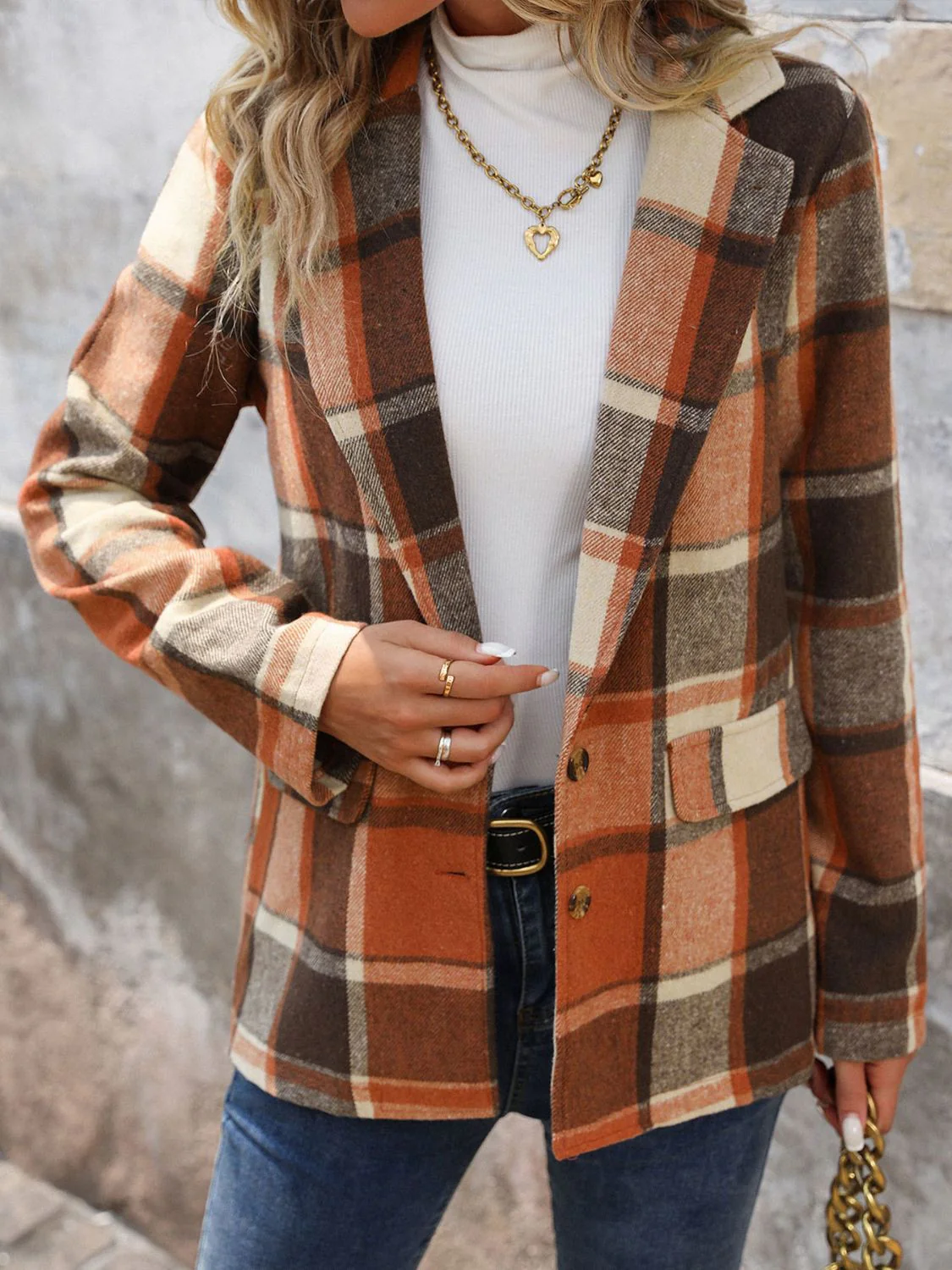 Monica | Perfee checked blazer with button placket and lapel collar - Image 3