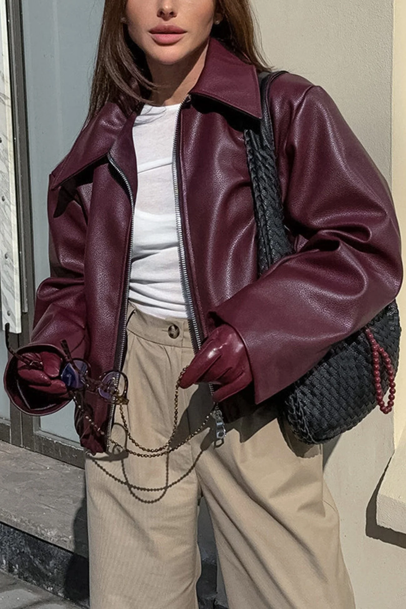 Monique | Wine red PU jacket with zip