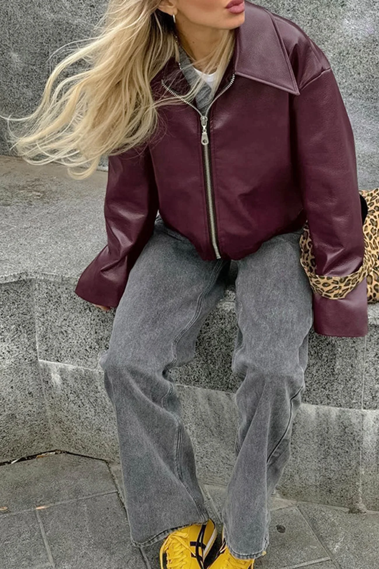 Monique | Wine red PU jacket with zip - Image 6
